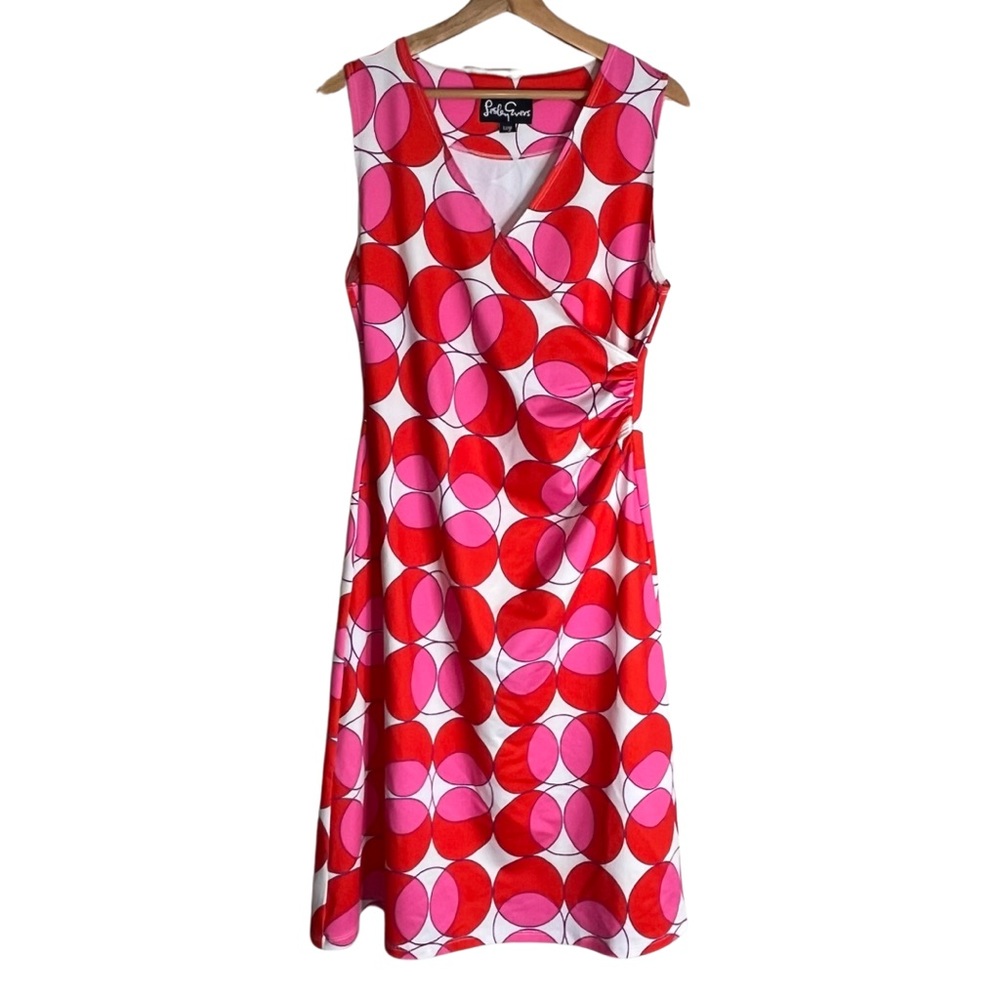 Lesley Evers Retro Print Faux Wrap Dress Red/Pink